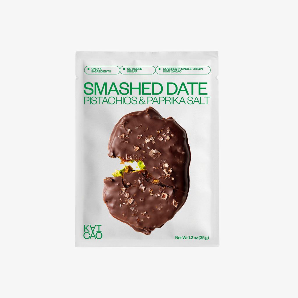 Pistachios & Smoked Paprika Sea Salt Smashed Date covered in 100% cacao